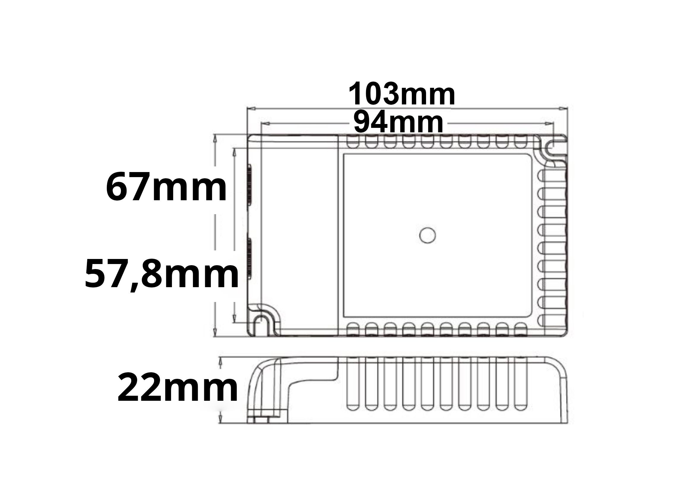 ISOLED 114874 LED Konstantstrom Trafo 300-900mA (9-58V), 30W, Push/1-10V/DALI dimmbar, SELV – Maßskizze