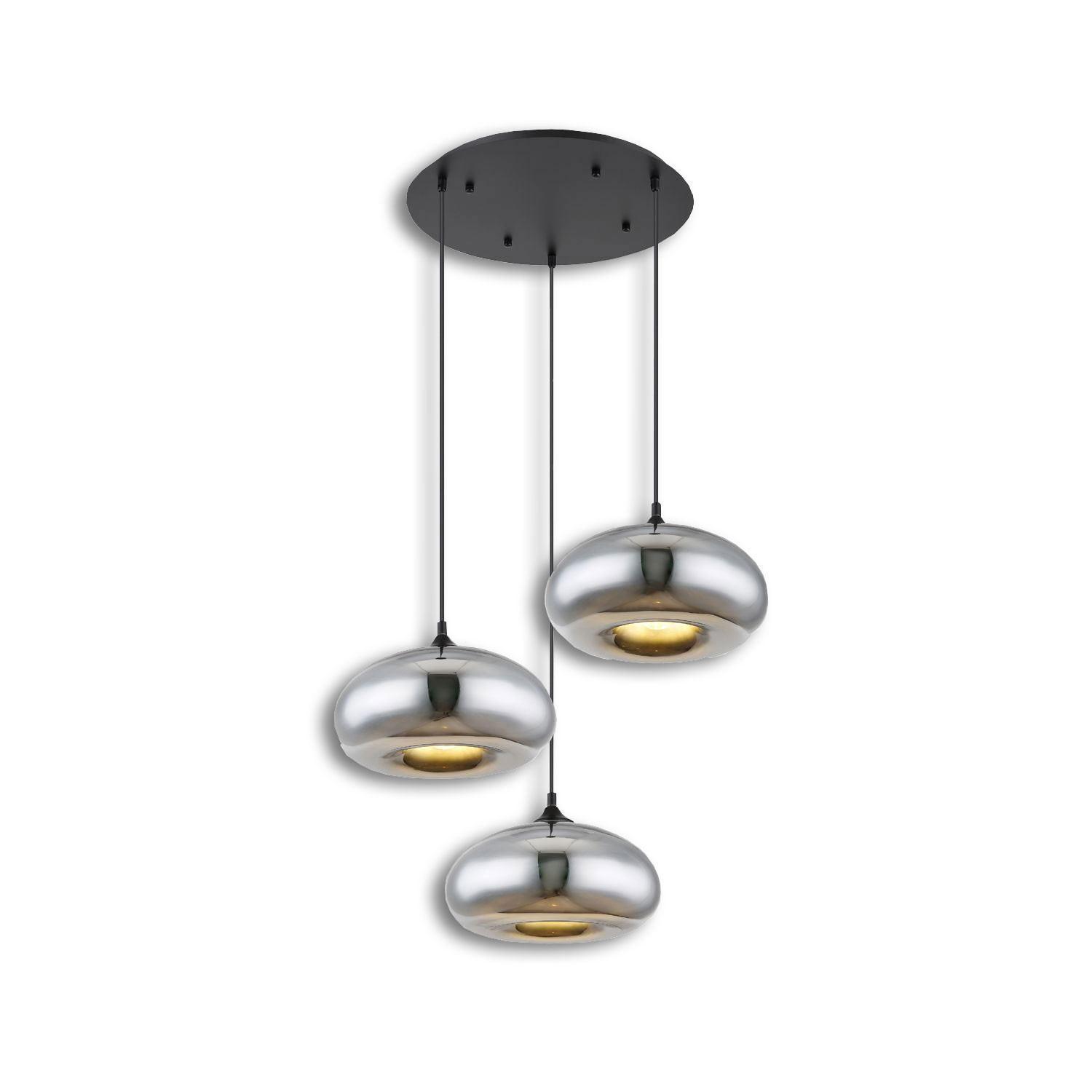 3-flammige Glas-Hängeleuchte Chrom Schwarz