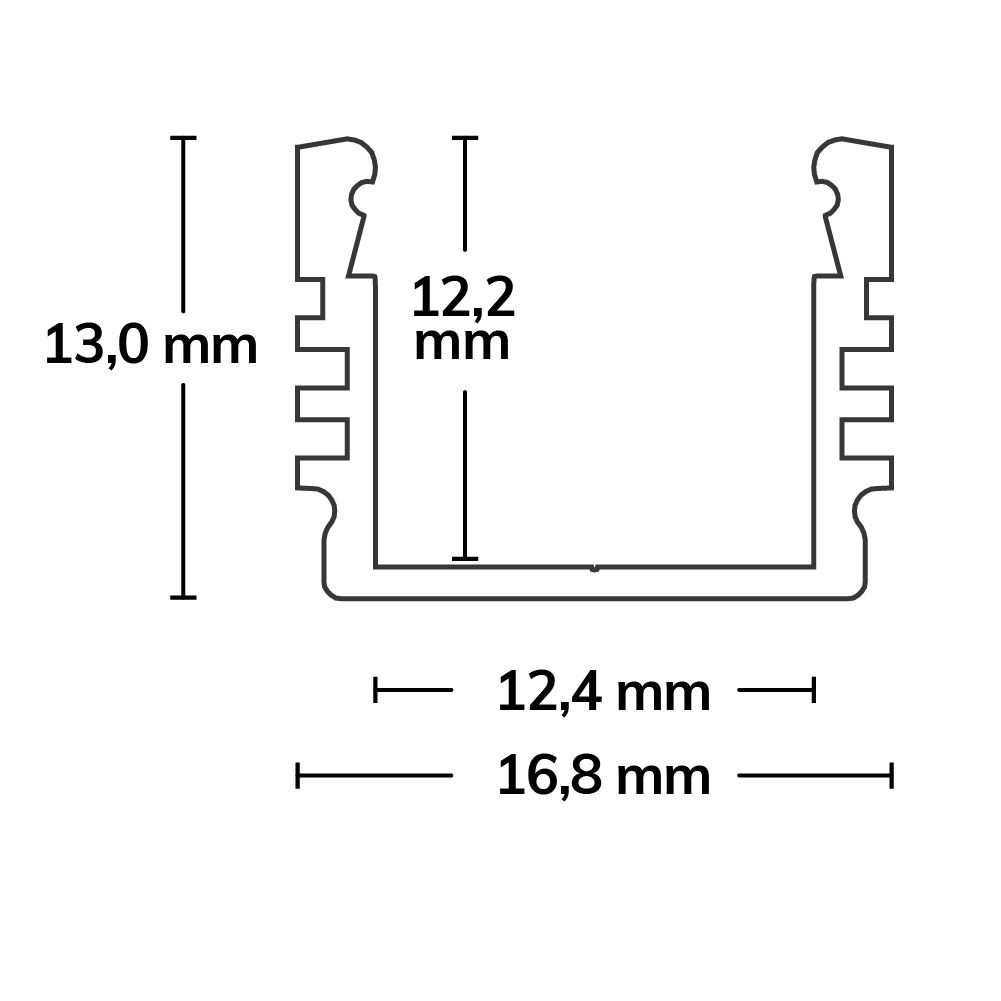 ISOLED 113176 LED Aufbauprofil SURF12 Aluminium schwarz eloxiert RAL 9005, 200cm – Maßskizze