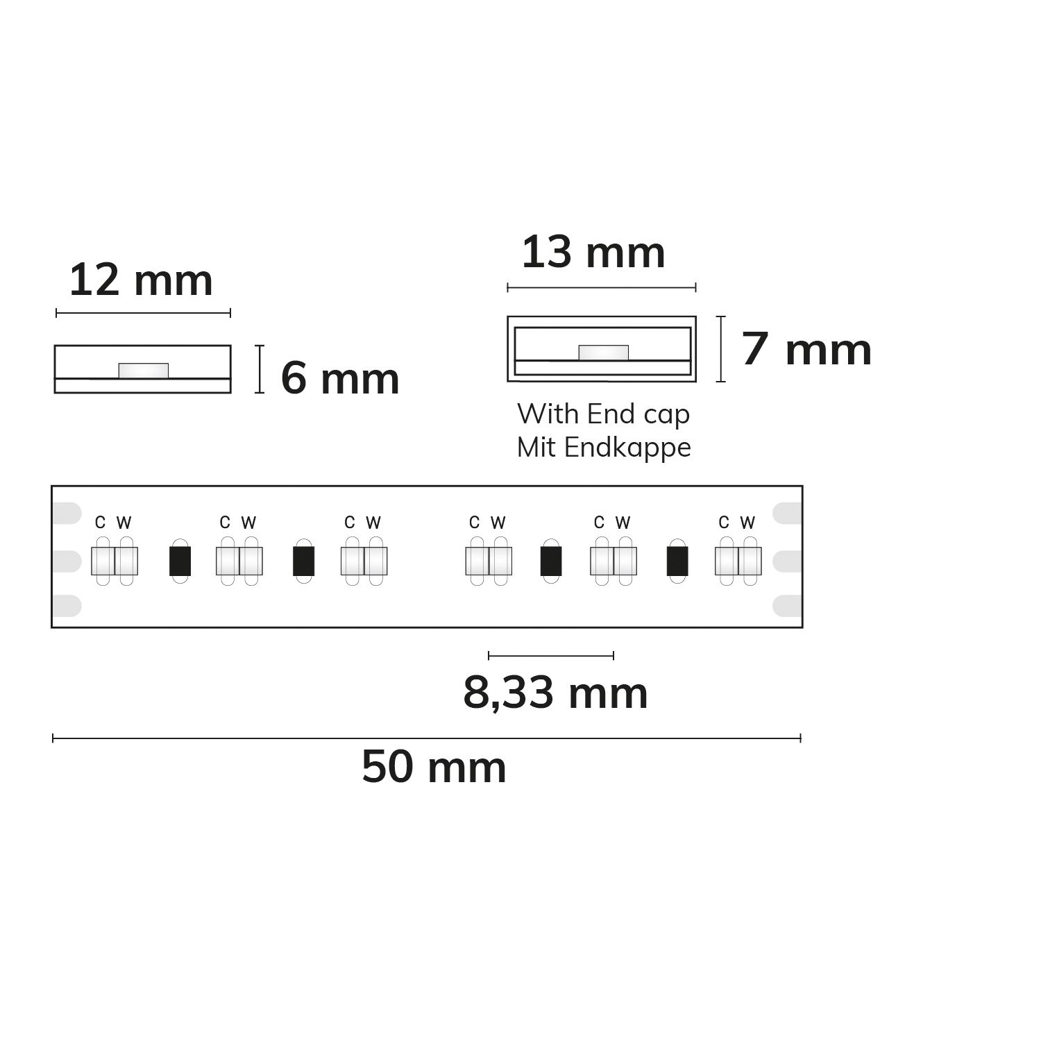 ISOLED 114987 5m LED CCT Streifen, 24V DC, 10W IP68, 240 LED/m – Maßskizze