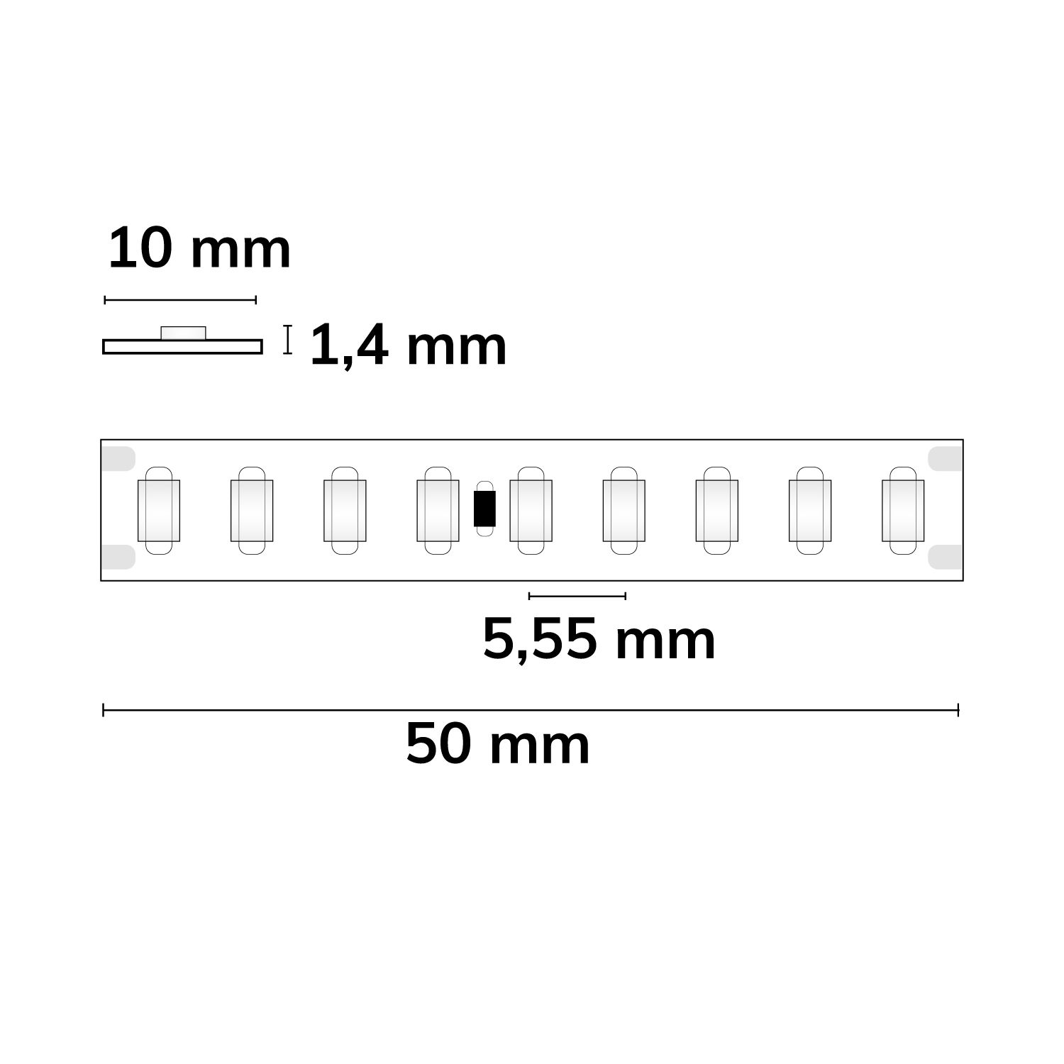 ISOLED 116890 5m LED Streifen, 24V, 9W/m, , 2700K warmweiß, 180 LED/m – Maßskizze