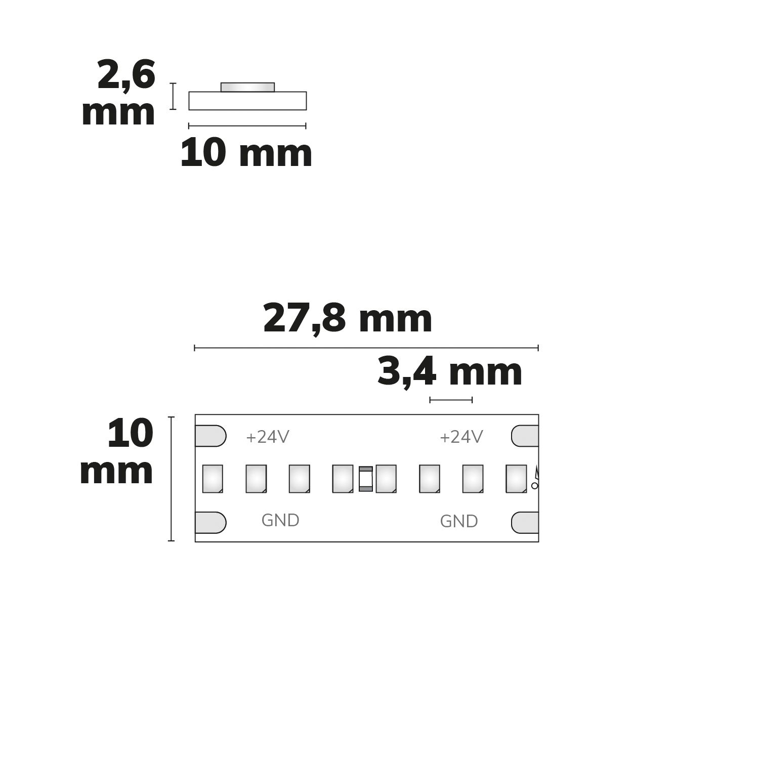 Isoled 117221 LED COB927 Streifen, 24V DC, 14,4W, IP20, 2700K, 5m 288 LED/m – Maßskizze
