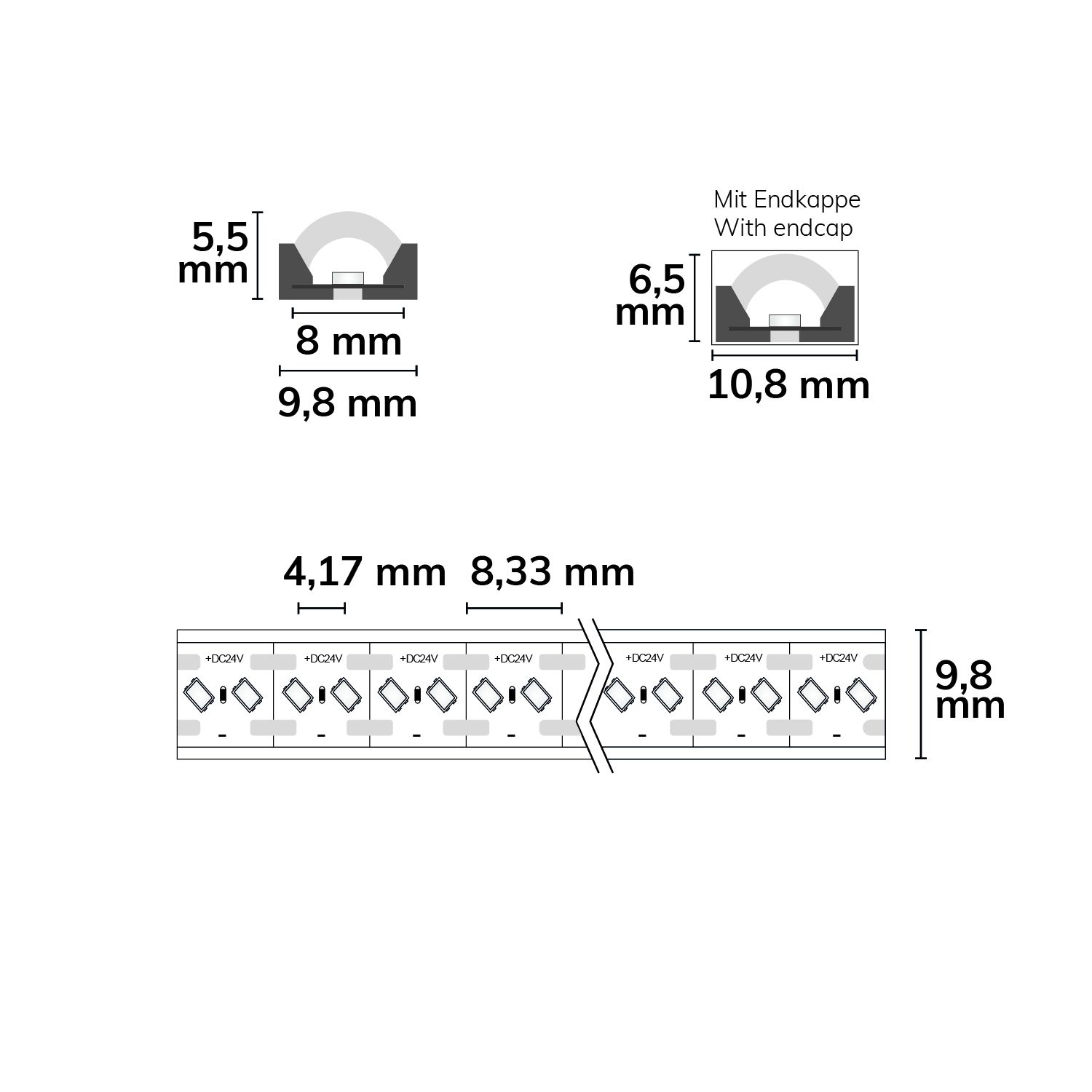 Isoled 117287 LED FC927 24V Flextube 10 W, IP66, 2700K, 5m 240 LED/m, MiniAmp, MiniCut – Maßskizze