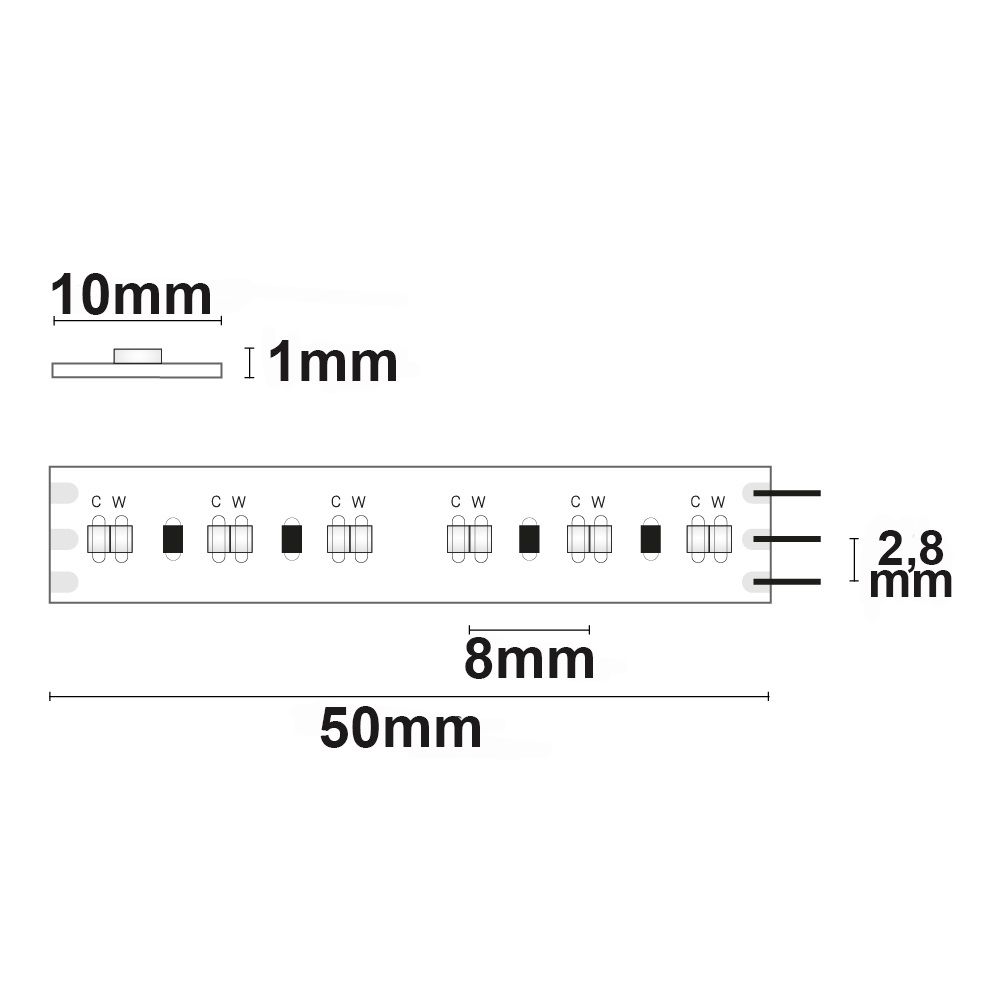 ISOLED 113553 LED Linear10 CCT Streifen, 24V DC, 20W, IP20, 5m, 240 LED/m – Maßskizze