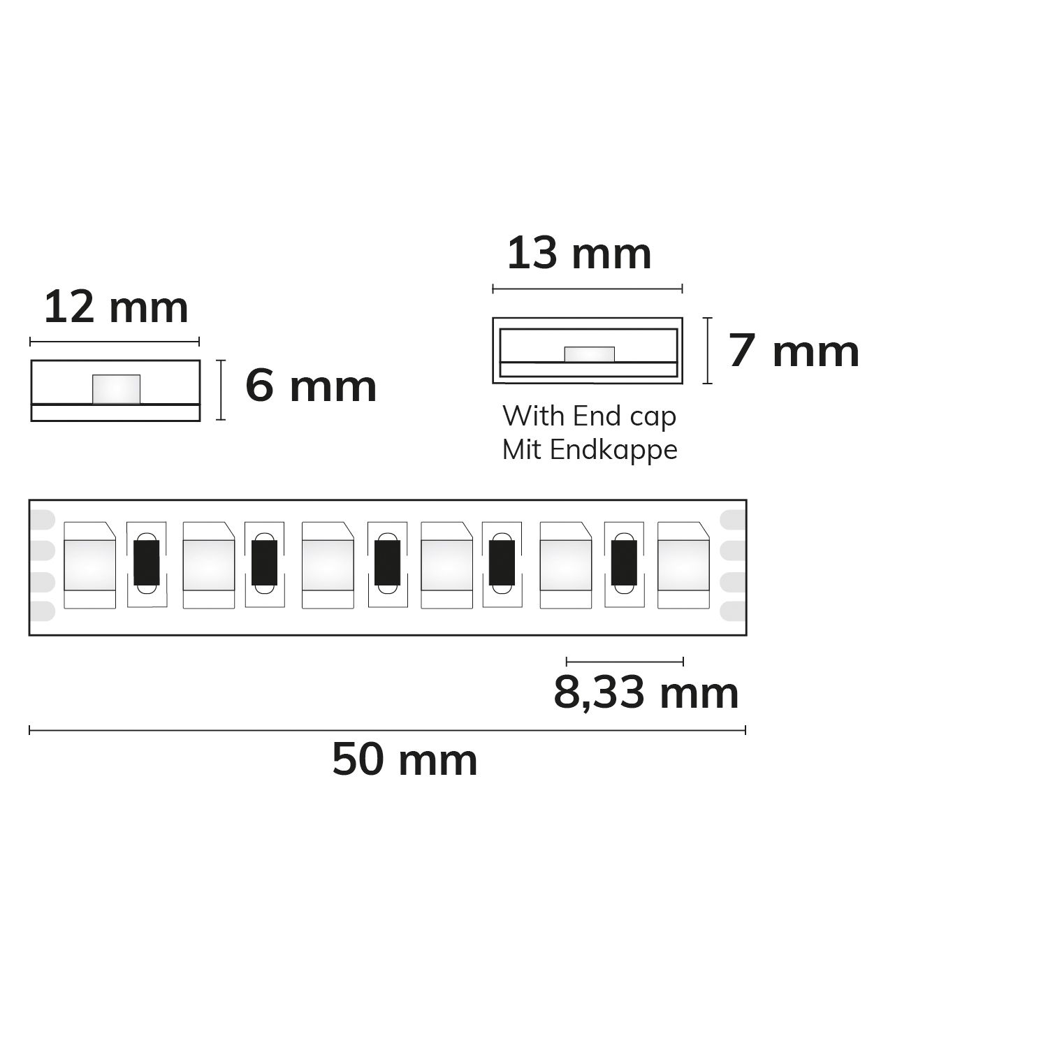 ISOLED 113601 LED AQUA RGB Streifen, 24V DC, 12W, IP67, 5m, 120 LED/m – Maßskizze
