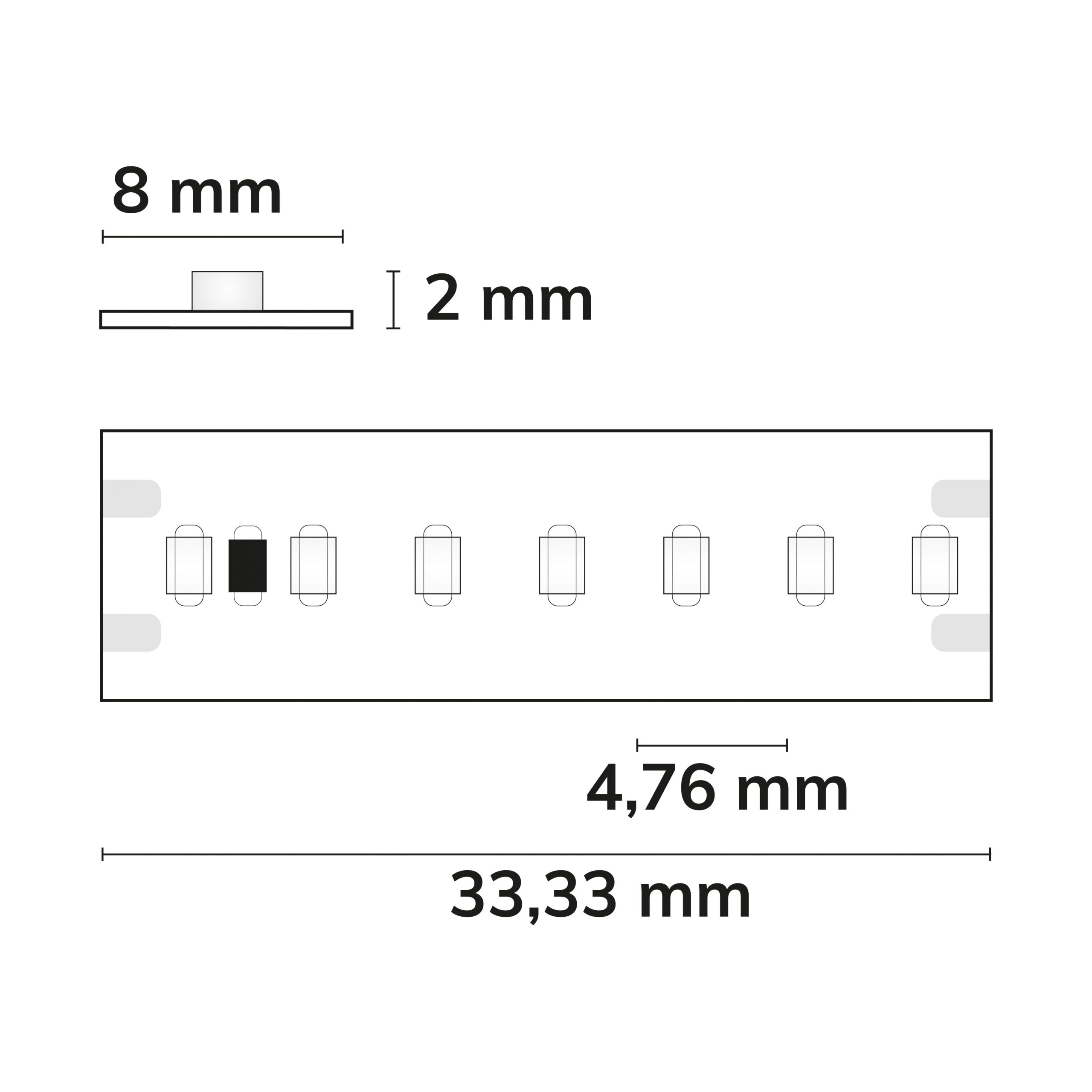 ISOLED 114716 LED Linear8 Streifen, 24V DC, 8W, IP20, 2700K, 5m, 210 LED/m – Maßskizze