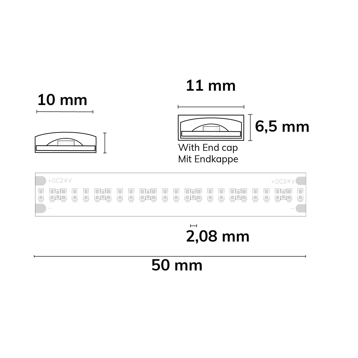 ISOLED 115781 LED COB Streifen, 24V DC, 8W, IP68, 6500K, 5m 480 LED/m – Maßskizze