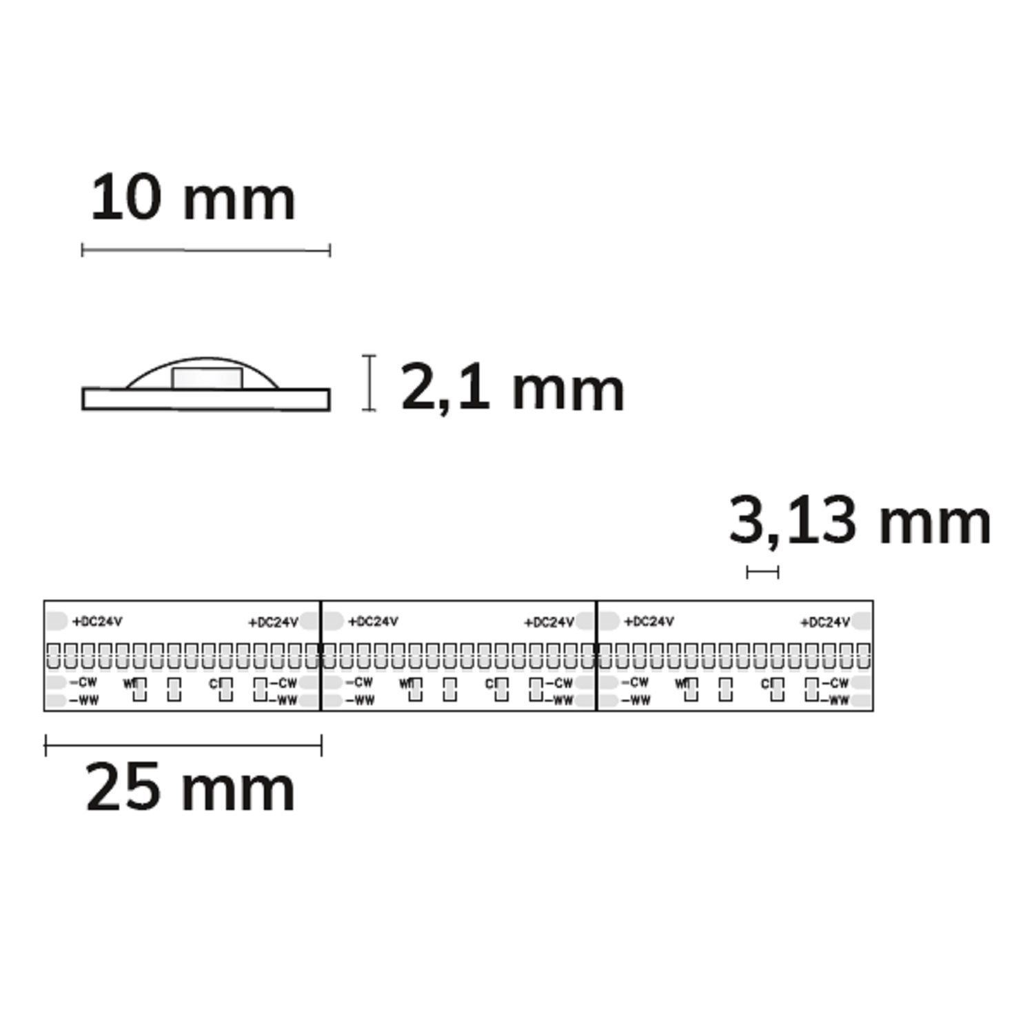 ISOLED 115786 LED COB CCT Streifen, 24V DC, 7W IP20, 5m 640 LED/m – Maßskizze