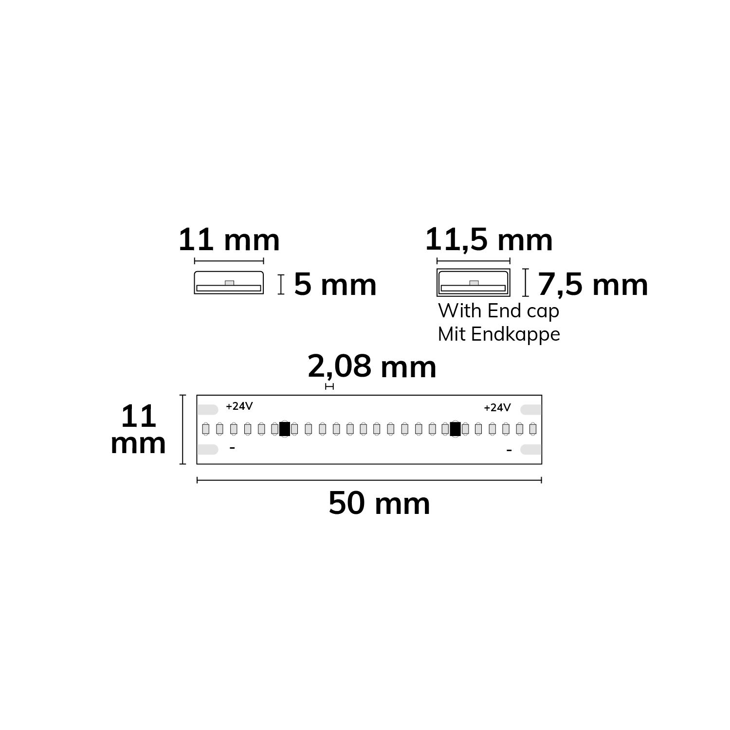 ISOLED 116133 LED COB Streifen für bis zu 100°C Sauna, 24V DC, 14,4W, IP68, 4000K, 5m, 480 LED/ – Maßskizze