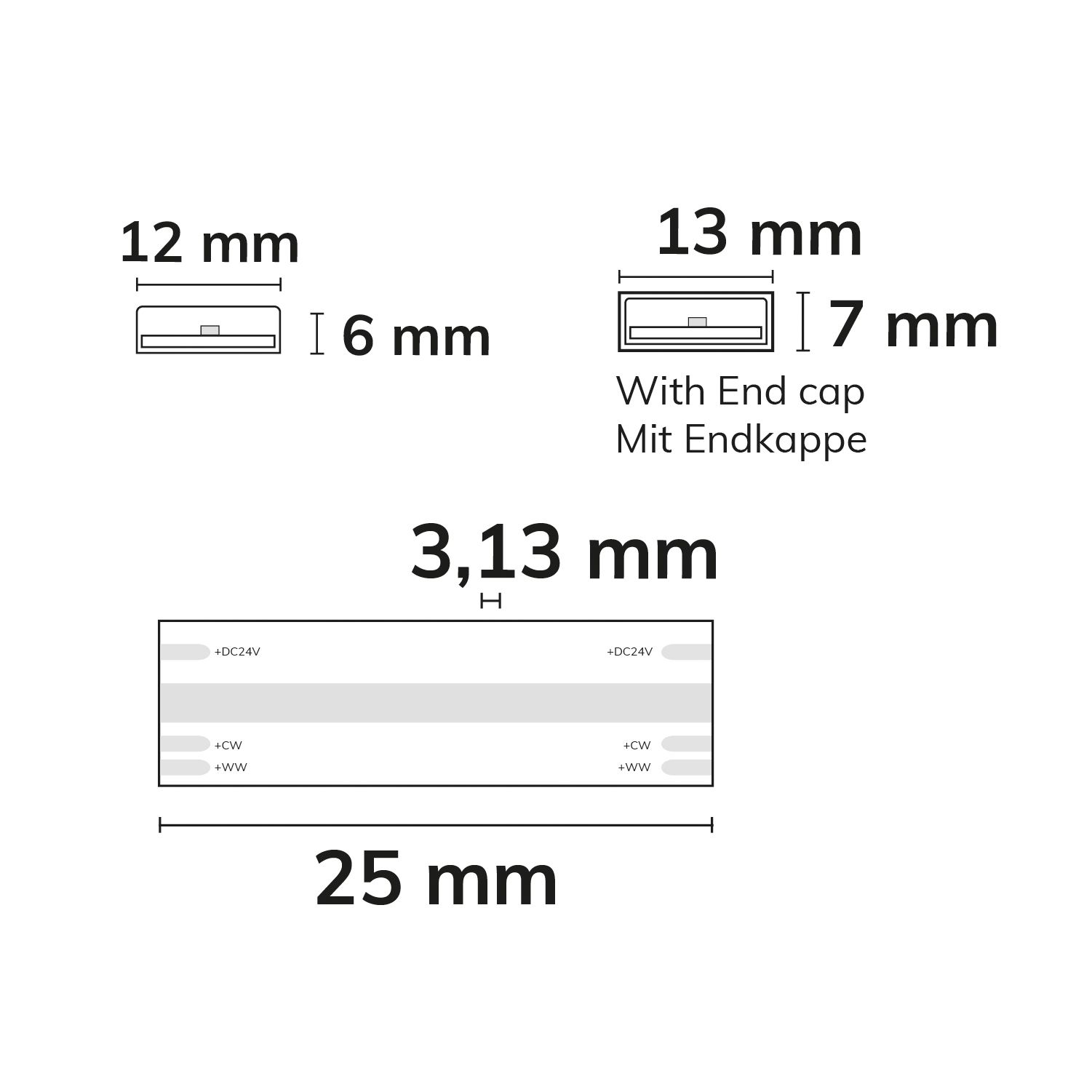 ISOLED 116929 LED CCT Streifen für bis zu 100°C Umgebung, 24V DC, 20W, IP68, 5m, 640 LED/m – Maßskizze