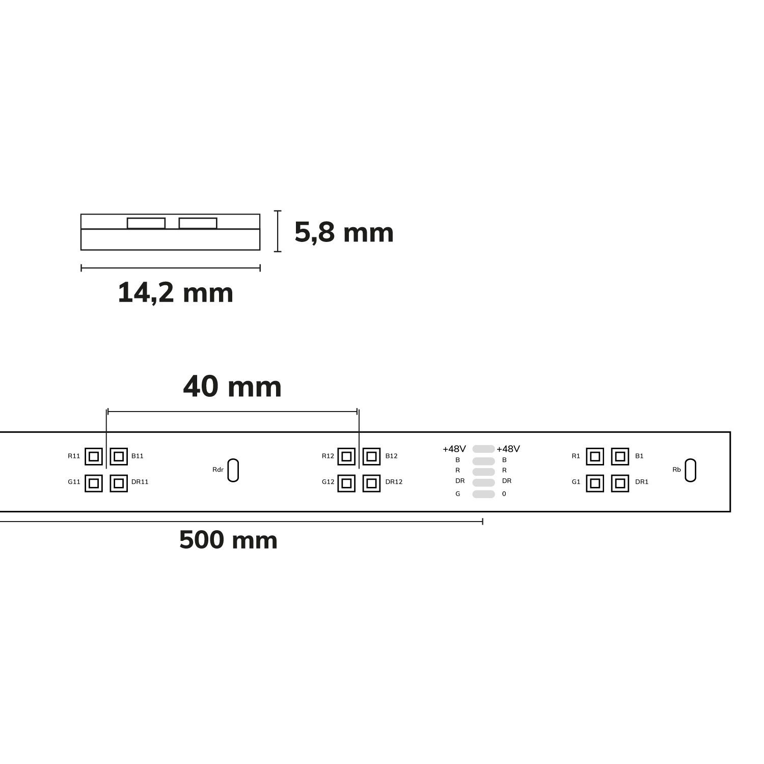 ISOLED 117039 LED GROW Streifen, 48V DC, 17W/m, IP67 5m, 50cm Trennstelle, 4x24 LED/m – Maßskizze
