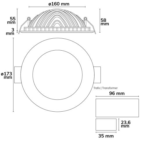 ISOLED 112431 Maßzeichnung Downlight LUNA 18W warmweiß Lochmaß Einbautiefe Skizze