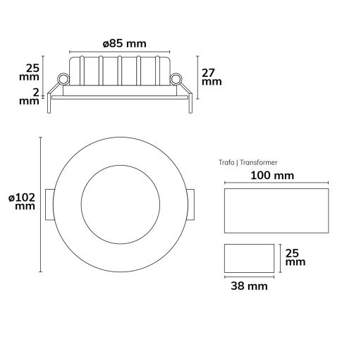 ISOLED 112941 Maßzeichnung Deckenausschnitt LED Downlight ultraflach 8W CCT dimmbar Skizze