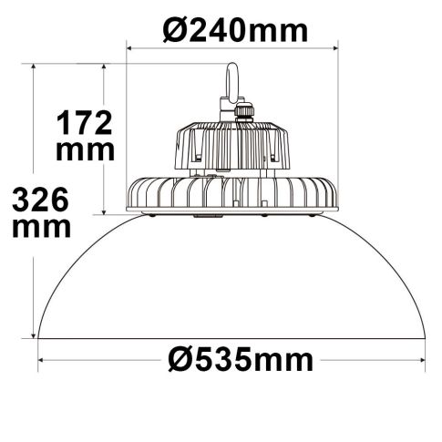 ISOLED 113734 Maßzeichnung Alu-Reflektor 80 Grad und Gehäuse Hallenleuchte FL 120W 4000K Skizze