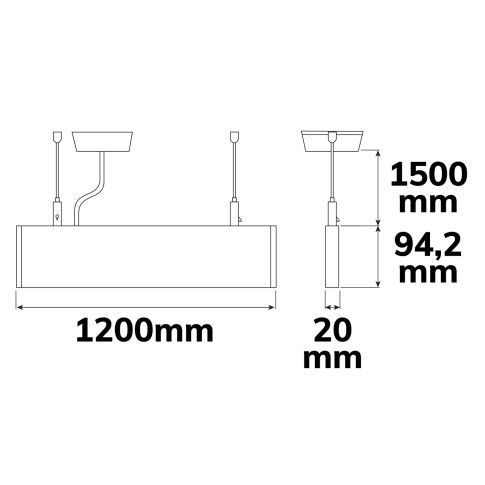 ISOLED 114000 Maßzeichnung Gehäuselänge 1200mm Hängeleuchte Linear Up Down 40W schwarz Skizze