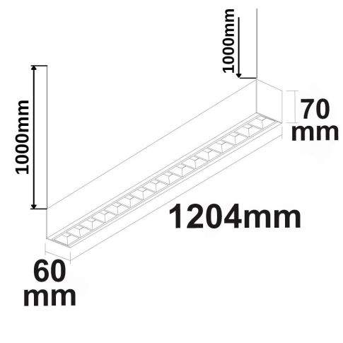 ISOLED 114061 Maßzeichnung Linear Rasterleuchte 40W weiß anreihbar Seilabhängung Skizze