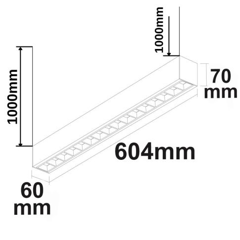 ISOLED 114062 Maßzeichnung Linear Rasterleuchte 20W schwarz anreihbar Seilabhängung Skizze