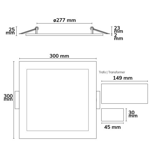 ISOLED 115601 Bemaßungsplan und Einbautiefe Downlight eckig 300x300 weiß Skizze