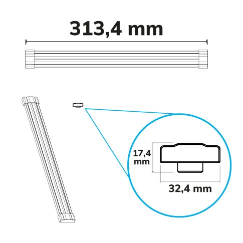 Maßskizze und Lichtaustritt oben ISOLED 117069 UP-Modul 5W 60cm LINKLINE50 schwarz