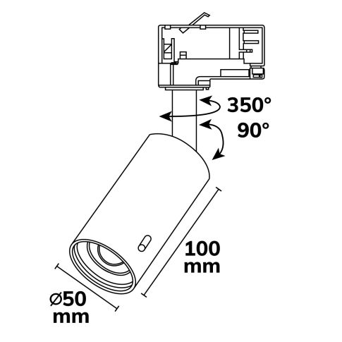 Bemaßungsplan Fokusbereich 18-50 Grad ISOLED 117083 3-Phasen Strahler SELECT schwarz Skizze