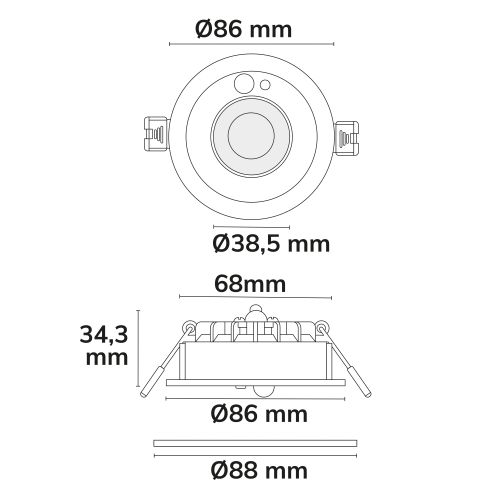 Bemaßungsplan Deckenbohrung 68mm ISOLED 117342 PIR Sensor LED Einbauspot schwarz Skizze