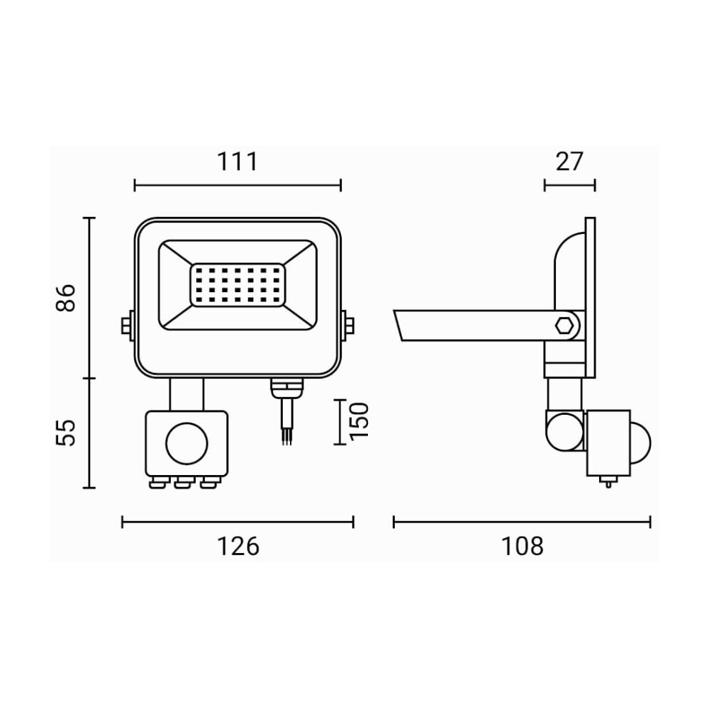 20W LED Fluter mit Bewegungsmelder Warmweiß 3000K 1800 Lumen Schwarz Abmessungen
