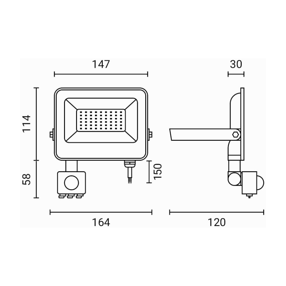 30W LED Fluter mit Bewegungsmelder Warmweiß 3000K 2700 Lumen Schwarz Abmessungen