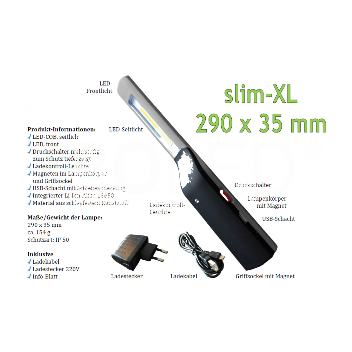 LED Akku-Handleuchte Arbeitslampe mit USB-Ladekabel Front- und Seitenlicht IP50 slim-light